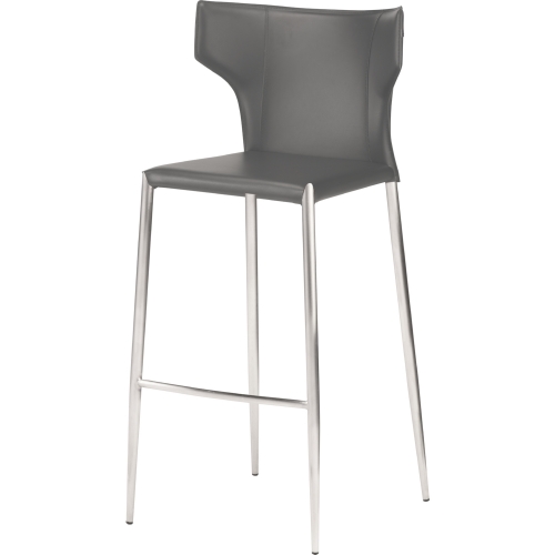 Wayne Counter Stool in Dark Grey Leather on Brushed Stainless Base